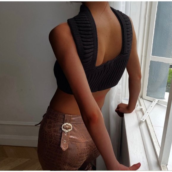 Womens|Knit Halter Crop Top|Medium M|Black|Stretch - Picture 4 of 11